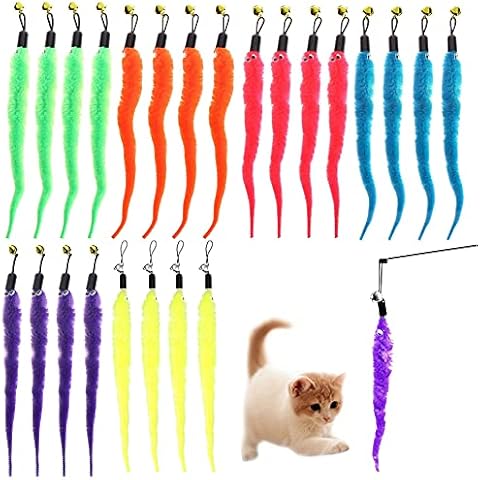 24 PCS Cat Worm Toy Refills Cat Wand Toy Replacement Interactive Cat Wand Toy Accessories Cat Feather Worm Teaser Refills Attachment for Cat Fishing Pole Toy Worm Cat Toy Teaser for Indoor Cats Kitten Cover