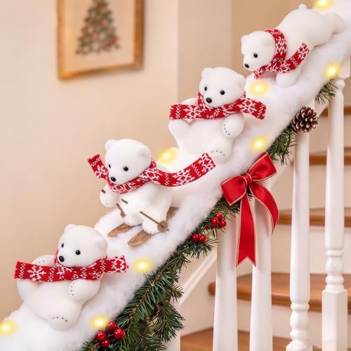 QEQEKAKA 4PCS Polar Bear Christmas Staircase Decorations with LED Lights