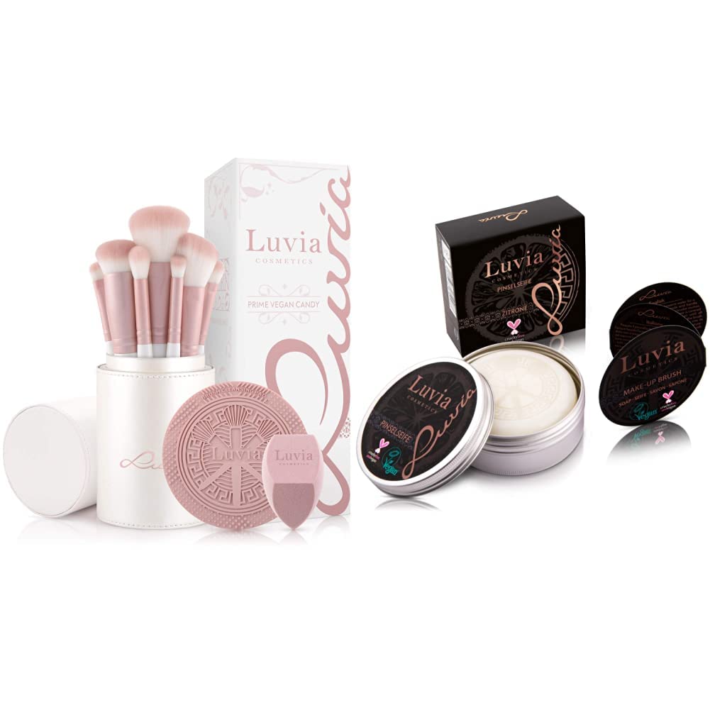Make-up Pinselset Luvia, Prime Vegan Pro - Candy & Luvia Pinselseife Kosmetik - Essential Brush Soap Citro – Zur Kosmetik-Pinsel-Reinigung – Ideale Beauty-Blender Seife – 100g XXL