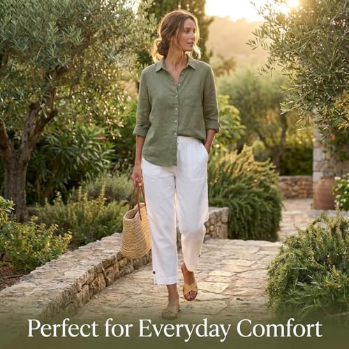 Image of Linen Pants Women 2026 Summer Beach Vacation Trousers Elastic Waist Linen Capris Pants Boho Casual Travel Pant