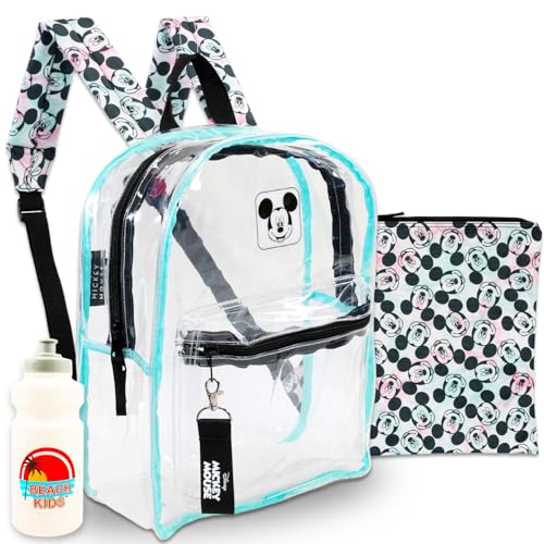 Disney Conjunto de mochila transparente Mickey Mouse – Pacote com mochila transparente de 40,6 cm, bolsa removível para laptop e garrafa de água | Bolsa para laptop Mickey Mouse para adolescentes e