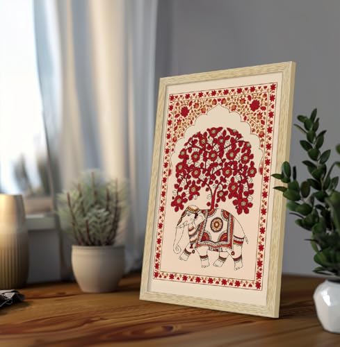 Image of ArtX Paper Elephant Kalamkari Art Paintings with Frame for Home Decor, Floral Wall Painting for Living Room, Multicolor, Natural Wood Color Frames, Set of 2