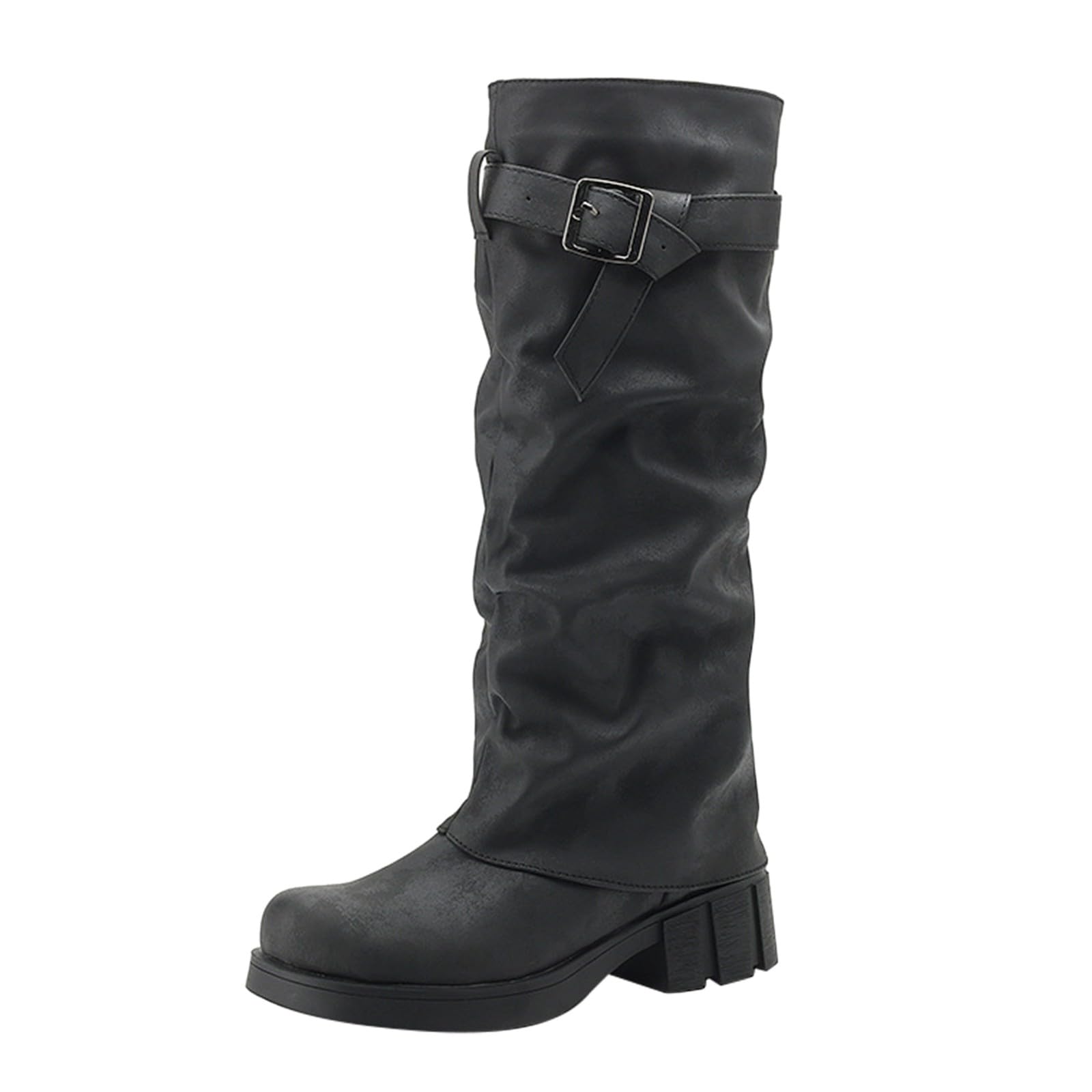 Womens Fall Winter 2025 Fasion Slip On Mid Calf Cowboy Boots Round Toe Comfortable Chunky Heel Platform Dress