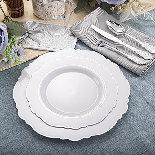 Wdf 350Pieces Silver Plastic Plates&Pre Rolled Napkins With Silver Plastic Cutlery -Baroque White&Silver Plates Include:100 Plastic Plates, 50 Cutlery With Napkins And 50 Silver Clear Cups #TOP2