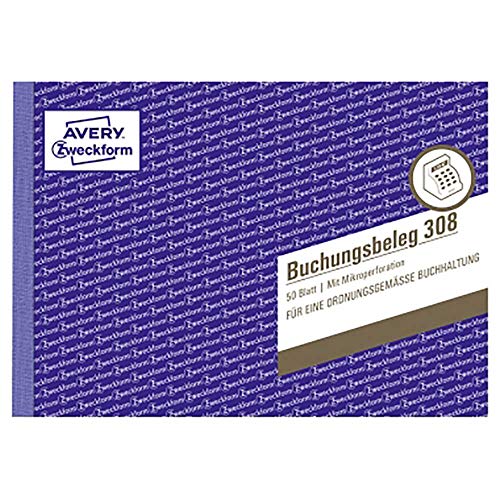 AVERY Zweckform 308 Buchungsbeleg (A5quer, mikroperforiert, von Rechtsexperten geprüft, für Deutschland zur lückenlosen Buchhaltung, mit T-Konto, Buchungstext inkl. Unterschriftenzeile, 50Blatt) weiß