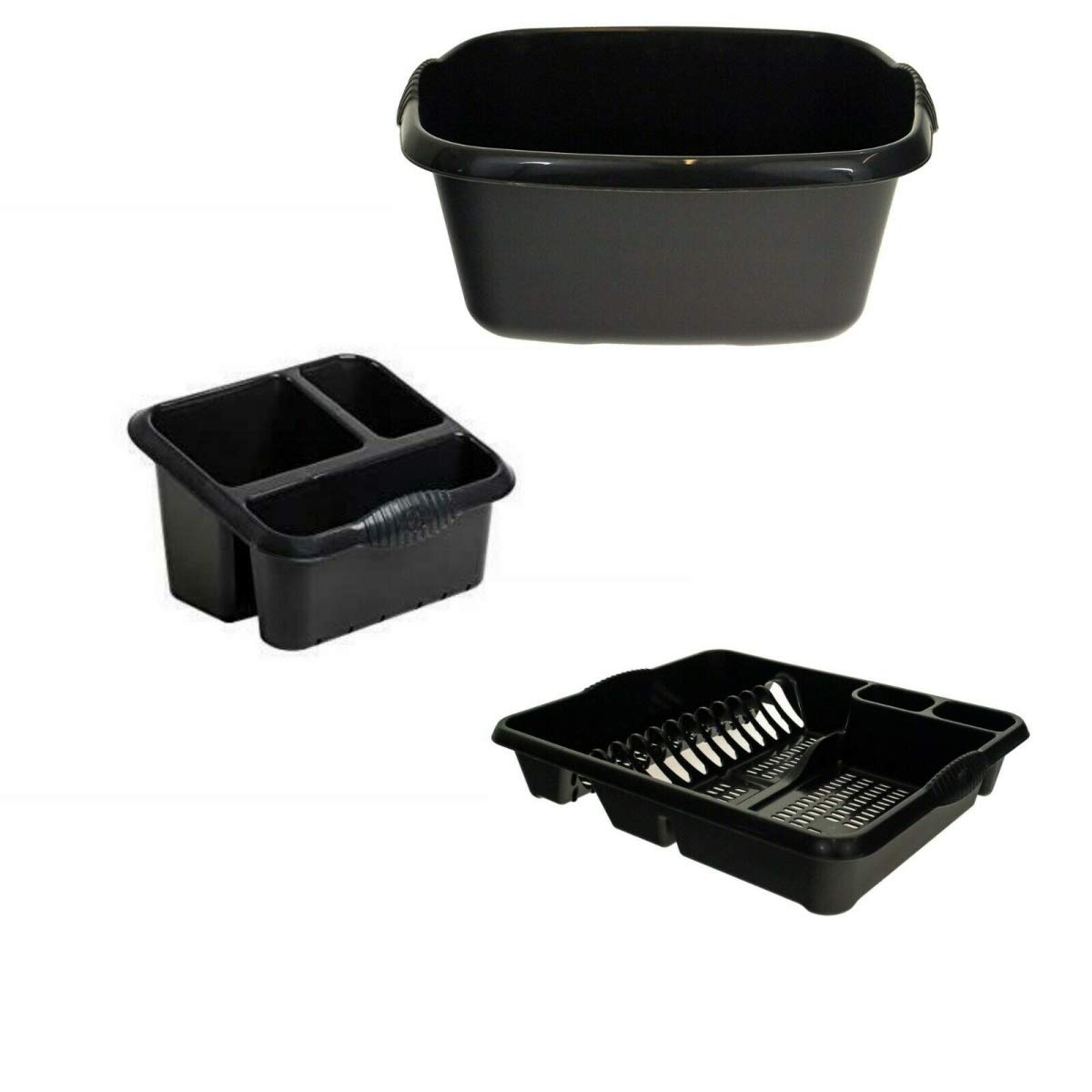 Galleries Plastic Large Kitchen Sink Set of 3 Rectangular Washing Up Bowl, Sink Tidy and Large Dish Drainer - Mid-night Black (Darkish Grey) โ image 1