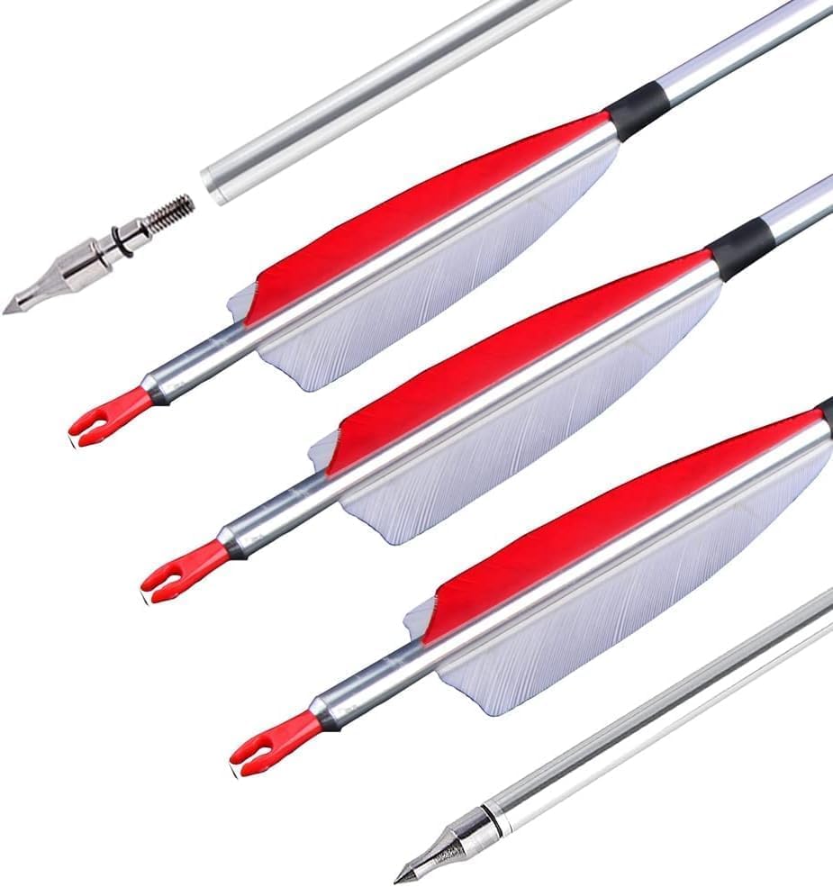 Poearcus Archery Aluminium Arrow 30 Inch Hunting Arrow with 4 Inch Turkey Feathers 500 Spine Target Practice Arrows for Compound Bow Recurve Bow (6, Red)