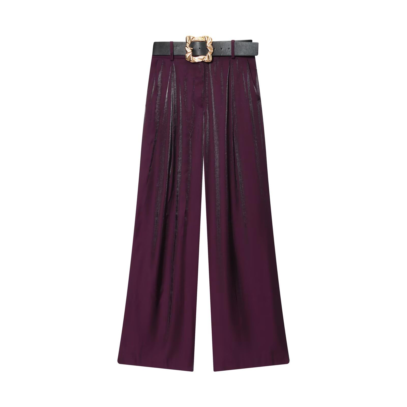 Womens High-Waist Satin Wide-Leg Trousers with Belt Front Darts and Pockets Flowy Full Length Pants