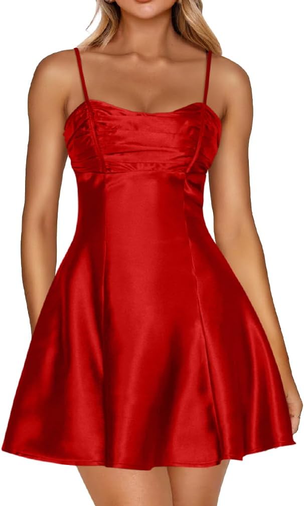 LAGSHIAN Women's Summer Satin Spaghetti Strap A-line Mini Dresses Bodycon Sleeveless Silky Night Out Short Dress