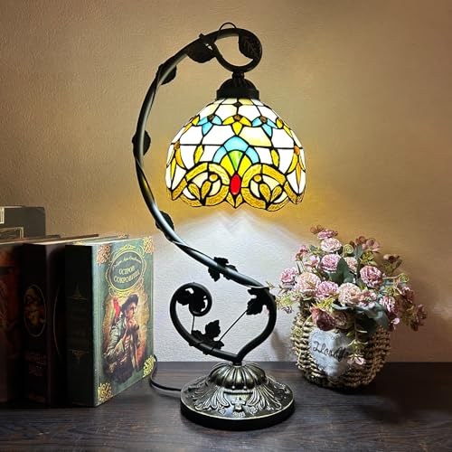 AIBOTY Lampe de Table Baroque Bleue, Lampe d'appoint Vintage de Style Tiffany à col de Cygne Beige Baroque Rose Jaune en Verre teinté pour Salon, Chambre à Coucher, bibliothèque,Beige