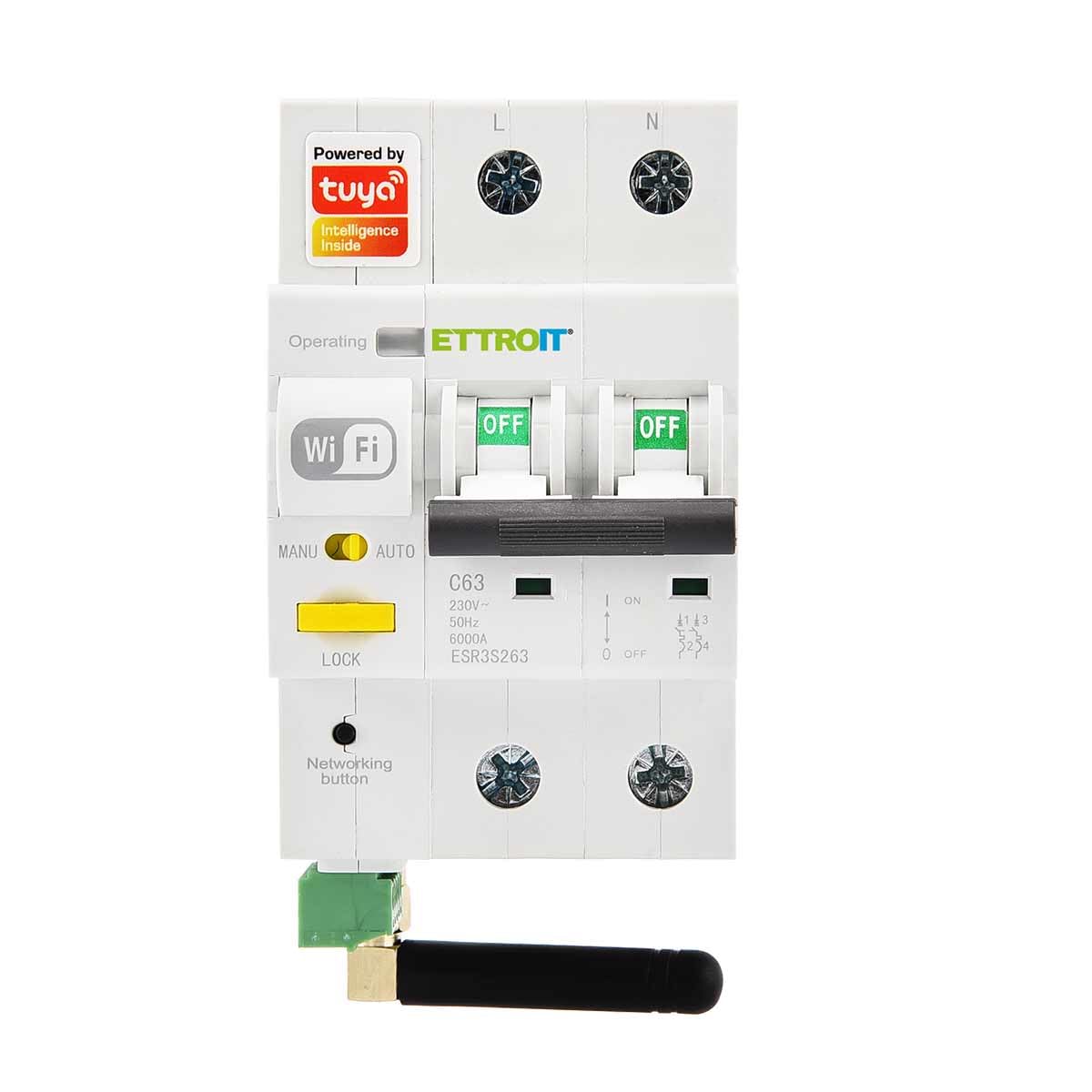 ZOREI Interruttore Magnetotermico Smart WIFI, 2P 63A 230V 30mA 6000A, App TUYA, Occupa 3 Moduli DIN, Antenna WiFi incluso