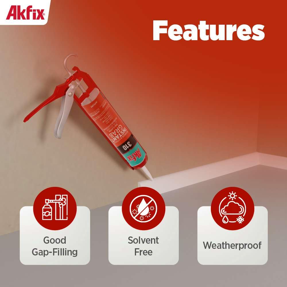 Akfix 310 Instant Grab Heavy Duty Construction Adhesive White (12x10.1 fl.oz.) - Ceramic Tile Adhesive, Low Odor, Paintable Construction Glue for Ceiling Tile, Foam Board, Wall Panels | 12 Pack