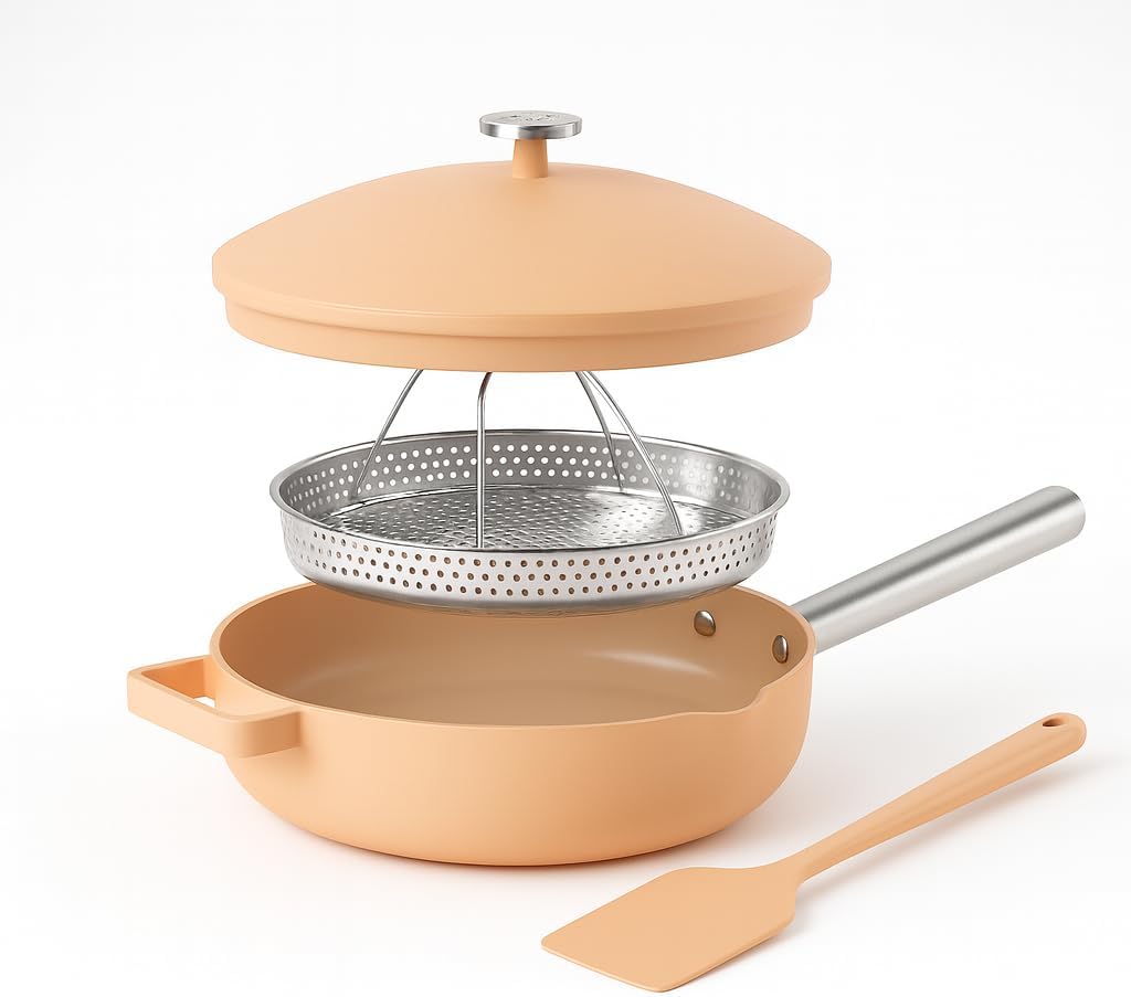 Nutricook 10.5” Ceramic Nonstick Pan with Lid, Steamer & Spatula | Oven Safe, Induction Compatible | 10-in-1 Multi-Function Cookware for Saute, Frying, Searing, Steaming & Baking, Canyon Sunset