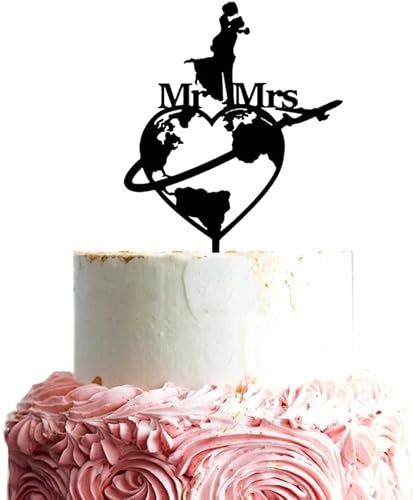 Decoración para tartas de boda con temática de viaje, mapa del mundo, decoración de pastel de avión, diseño de señor y señora para tartas, silueta