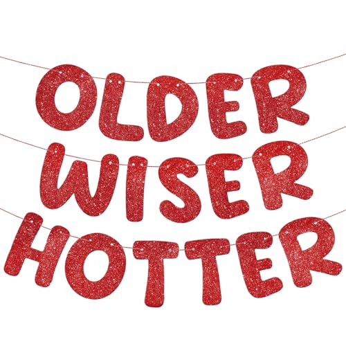 Image of Fulmoon Set of 3 Pre Strung Older Wiser Hotter Glitter Banner Funny Birthday Banner for Women 30th 40th 50th 60th 70th 80th Birthday Party Decorations Sign Gift(Red)