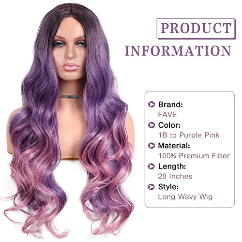 Fave Purple Pink Wig Long Purple Wigs For Women Ombre Wig Colorful Wig Unicorn Color Hair Heat Resistant Synthetic Wig Natural Looking Dark Roots Wig (1B To Purple Pink) #TOP1