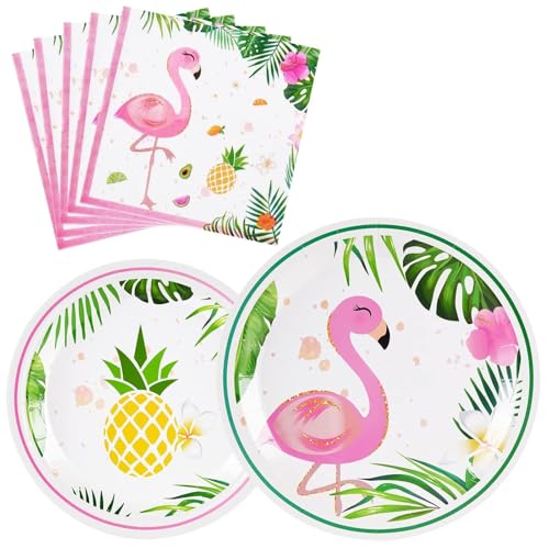 WERNNSAI Flamingo Party Decorations - 48PCS Hawaiian Plates and Napkins Summer Flamingo Themed Tableware Set Tropical Dinner Plates and Napkins for Girls Kids Birthday Baby Shower Serves 16 Guests