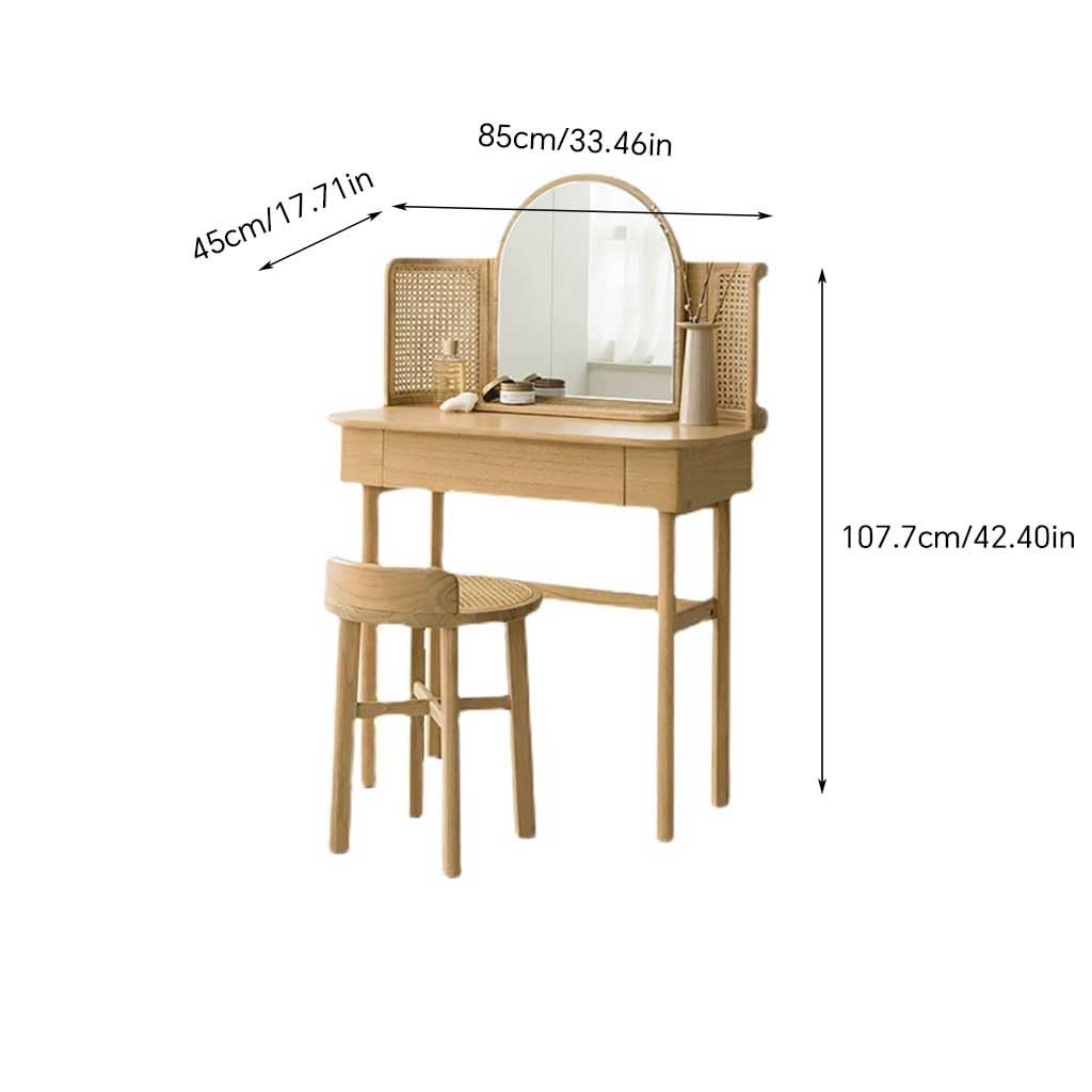 AOTPA Kosmetikspiegel mit Lichtern und Tischset Frisiertisch Aus Holz Mit Hocker, Moderner Schminktisch Rattan, Schlafzimmerschrank, Schreibtisch Teenie-Waschtisch mit Spiegel und Hocker