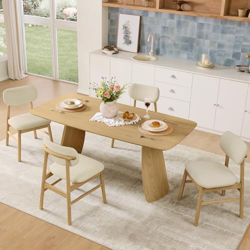 Image of CHITA 71 inch Modern Dining Table for 6, Rectangle Wood Kitchen & Dining Room Table, Solid Rubberwood Frame, Bentwood Legs, Oak Venner