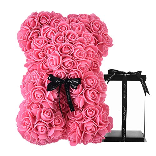 Rose Bear - Rose Teddy Bear on Every Rose Bear -Flower Bear Perfect for Anniversary's,Rose Bear , Mothers, Rose Teddy Bear. - Clear Gift Box Included! 10 Inches Tall - Over 200+ Flowers (Pink)