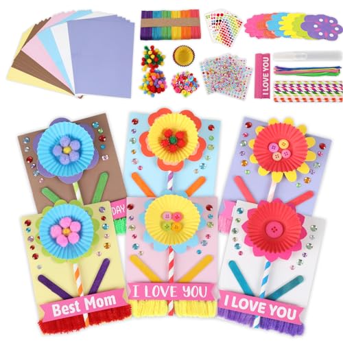 Lonfliness 36 Packs Mother's Day Flower Card Craft Kit for Kids DIY Mother's Day Flower Greeting Card Craft Making Mom Gift for Mom Home School Classroom Activity Art Project Decoration