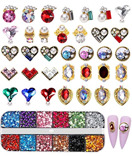 Nails Art Supplies, 2035 Pcs Nail Rhinestones with 35 PCs Multi-shaped Big Metal Nail Gems and 2000PCs 12 Colors Flatback Rhinestones Nail Crystals Diamonds Stones for 3D Nails Art Decoration