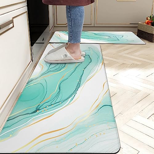 Teal Marble Kitchen Rugs Anti Fatigue Kitchen Floor Mat 2/5 Inch Thick Cushioned Memory Foam Abstract Golden Washable Comfort Standing Mat Kitchen Runner Rug For Sink Laundry, Set Of 2 #TOP5