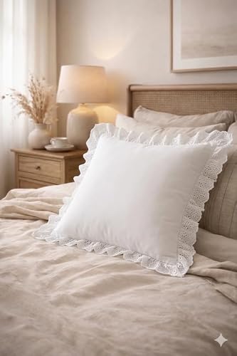 WWW.THROWPILLOW.IN White Cotton Cushion Cover with Lace Ruffle Trim, Solid Minimalist Farmhouse Pillow Cover for Sofa Bedroom Living Room Décor Square Sofa Cushion 16x16 Inches