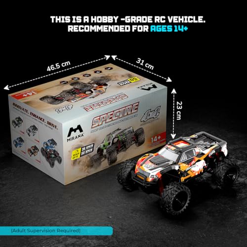 Image of Mirana Spectre 1:10 High Speed Hobby Grade RC Car Toy for Kids & Adults up to 50 kmph - 4x4 Remote Control Offroad Monster Truck ATV - 2 & 3 Pack Rechargeable Batteries - for Ages 14+ Years (Orange)