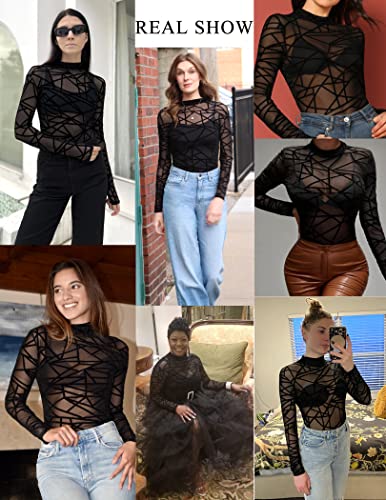 Halloween Costumes Mesh Bodysuit For Women Black Leotard Long Sleeve Slim Bodysuit Tops #TOP3