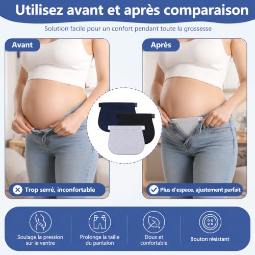 3 Pièces Elargisseur Pantal o n Grossesse, Extenseur Panta lon Gros se sse, Elargisseur Pantalon, Extension Pa ntalon Grossess e,RallongePantal onGrossesse,pour Jeans Pantal ons (Bleu foncé+Noir+Gris) – vue 4