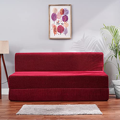 Image of Convertible Fabric Sofa Cum Bed | Foldable Double Foam & Washable Cover with Cushions | Modern Design Use Living Room & Guest Room (Maroon-Multi-Star, 5X6 Ft)