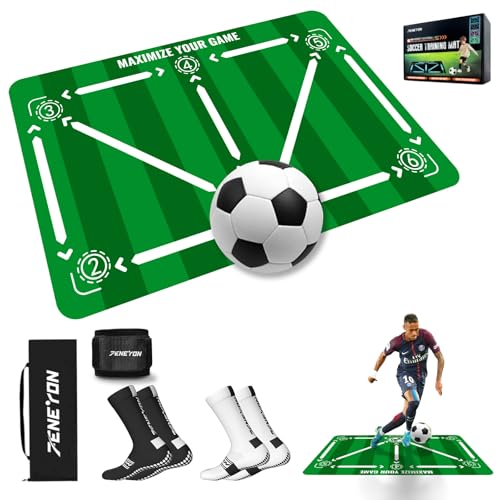 Soccer Training Mat with Soccerball socks-Non-Slip Soccer Training Equipment for Adults and Professional Athletes to Boost Speed, Strength & Coordination | Soccer Trainer for Indoor/Outdoor Drills