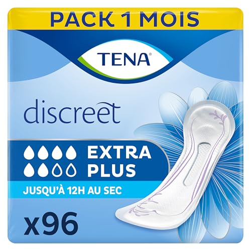 TENA Discreet Extra Plus - Serviettes Incontinence Femme - Post-accouchement - Protections Absorbantes pour Fuites Urinaires Modérées à Fortes - 96 Serviettes (Pack 1 Mois)