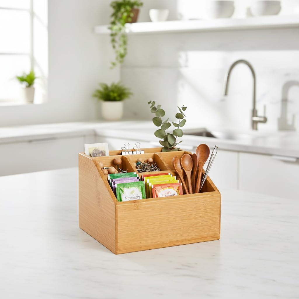 hausleben Organizer na biurko z bambusa – 5 przegródek, pojemnik na długopisy i organizer biurowy, półka na biurko do biura i biura (16 x 15 x 11 cm) | Uchwyt na długopisy i organizer na biurko z 5 przegródkami, organizer na biurko do domu i biura, 16 x 1