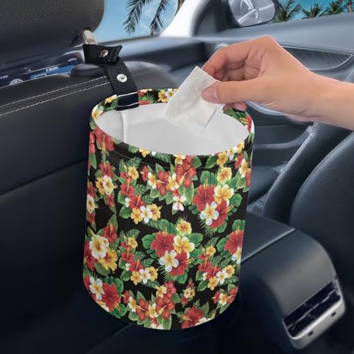 Image of Tropical Flower Hanging Portable Car Trash Can Waste Basket Car Accessories Interior Collapsible Accessories Garbage Bag Small Trash Can