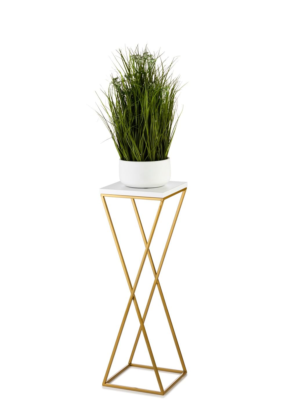 Pflanzenständer Metall 70 cm Hoch - Stabiler und Fester Blumenhocker mit Weiß MDF-Platte auf Gold Ständer - Blumenständer zur Dekoration Innenräumen
