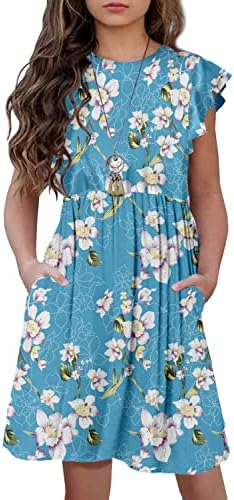 HOSIKA Girls Summer Short Dress Short Sleeve Casual Floral Boho Party Swing Dresses with Pockets for Girls Light Blue 14-16 Years