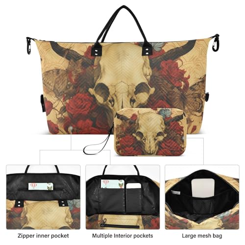 Large Travel Duffel Bag, Horn Skull Buttflies Rose Sports Tote Gym Bag, Shoulder Weekender Overnight Bag for Women Men, Carry On Luggage with Toiletry Bags2