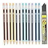 Lopenle mechanical pencils (wood like) 12-Pack Colorful Wood-Imitating Automatic Pencils 2.0mm, 2B Lead, with Built-in Sharpener (6 Assorted Colors) + 10 Extra Refill Leads