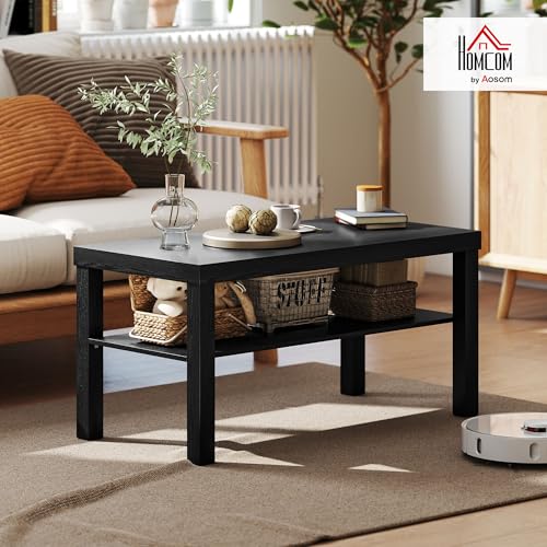 HOMCOM Coffee Table with Storage Shelf, Rectangular 2 Tier Center Table for Living Room, Home Office, 35.5 x 17.75 x 17.5 Inch, Black - Image 3