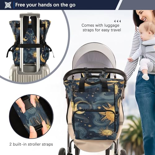 Jihqo Diaper Bag Backpack Sun and Moon Travel Diaper Bags for Women, 10L Functional Baby Changing Bag with Insulted Pockets, Stroller Straps