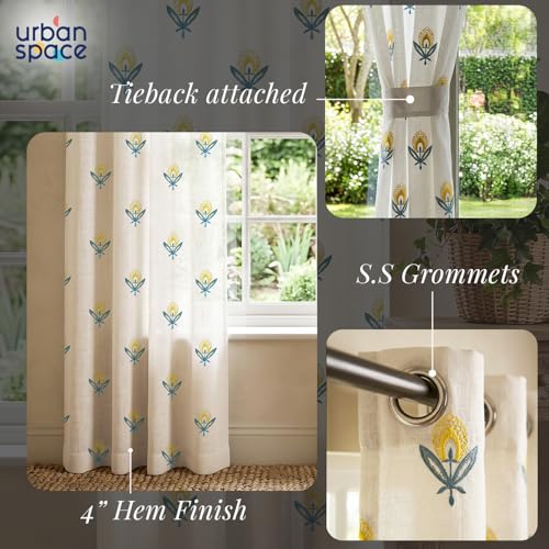 Image of Urban Space Cotton Sheer Curtain pack of 1, Embroidered Semi Transparent Window Curtains 5 feet for Living Room, Bedroom & Balcony, 1 Pc Curtain with Eyelets and Tieback (Saanjhi Yellow Teal - 5 feet)