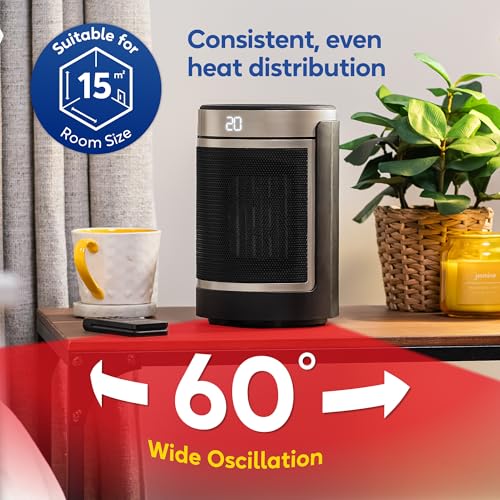 Image of Russell Hobbs Black and Gold Space Heater 1500W Silent Portable Oscillating Ceramic Round Electric Heater, Low Energy Digital Display, 4 Modes, 24 Auto Timer