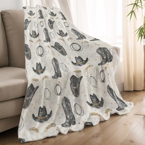 Western Cowboy Blanket Lightweight Blankets Gifts for Women Flannel Throw with Black Hat, Boot and Rope Printed for Sofa, Bed, Travel, Picnic, Camping, Office, Rustic Decor Throws 60x50 Inch - Image 3
