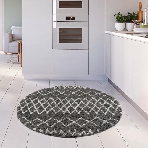 THE RUGS Modern Moroccan Design Living Room and Bedroom Rugs, Non-Shedding & Easy Care (Tangier Dark Grey/Ivory, 120 cm Round) - Image 4