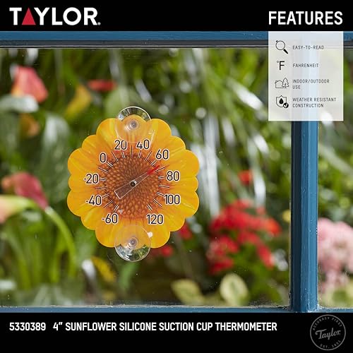 Image of Taylor Sunflower Dial Thermometer, 4-Inch Indoor Outdoor Silicone Suction Cup Thermometer, Weather-Resistant Temperature Gauge for Patio, Pool, Garden, or Garage, Yellow