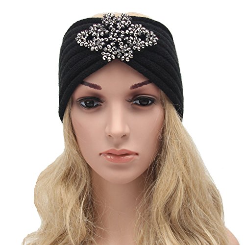 Ladies Jewel Accessory Winter Warm Turban Soft Knit Headband Beanie Crochet Headwrap (Black)