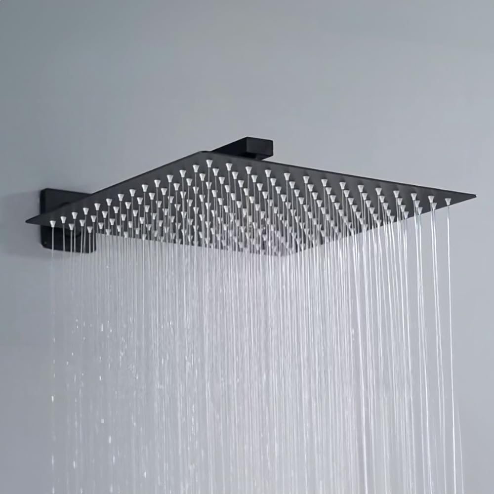 Kit doccia nero opaco con braccio 40 cm e soffione rettangolare 30x20 cm, in acciaio inox con snodo orientabile e ugelli anticalcare