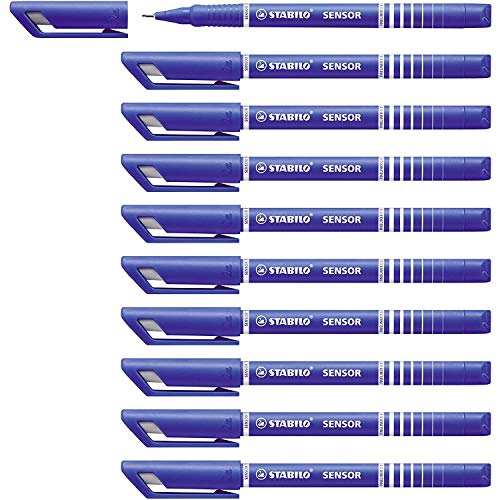 Image of Stabilo Set of 10 Sensor Fineliner Pens 0.3 mm Felt Nib Blue